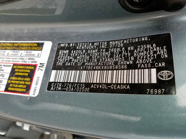 4T1BE46KX9U858586 - 2009 TOYOTA CAMRY BASE GREEN photo 10