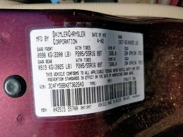 3C4FY58BX2T362543 - 2002 CHRYSLER PT CRUISER BURGUNDY photo 10