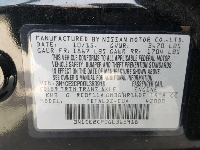 3N1CE2CP0GL363918 - 2016 NISSAN VERSA NOTE BLACK photo 10