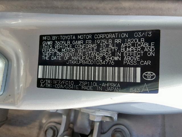 JTKKUPB40D1034776 - 2013 TOYOTA SCION XD SILVER photo 10