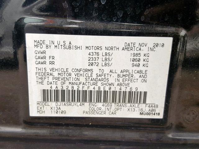 4A32B2FF4BE014769 - 2011 MITSUBISHI GALANT FE BLACK photo 10