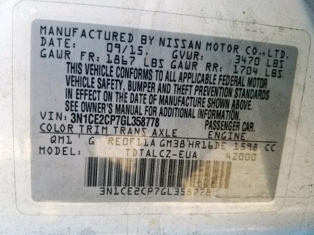 3N1CE2CP7GL358778 - 2016 NISSAN VERSA NOTE WHITE photo 10