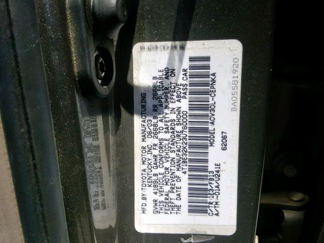 4T1BE32K23U760000 - 2003 TOYOTA CAMRY LE GRAY photo 10