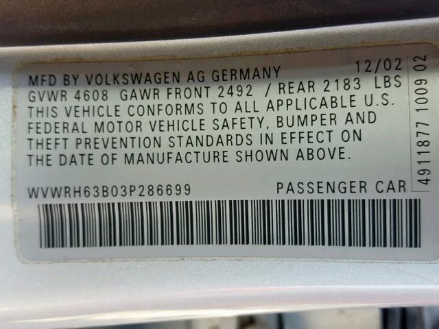 WVWRH63B03P286699 - 2003 VOLKSWAGEN PASSAT GLX SILVER photo 10