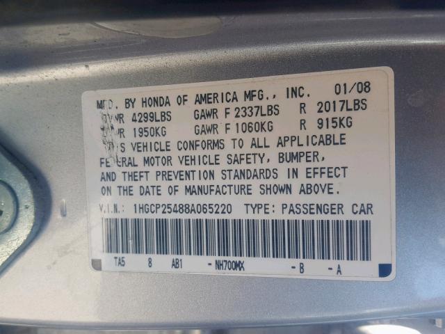 1HGCP25488A065220 - 2008 HONDA ACCORD LXP SILVER photo 10