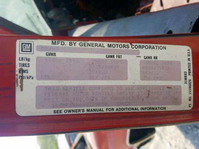 1GCDR14H6HJ139858 - 1987 CHEVROLET R10 RED photo 10