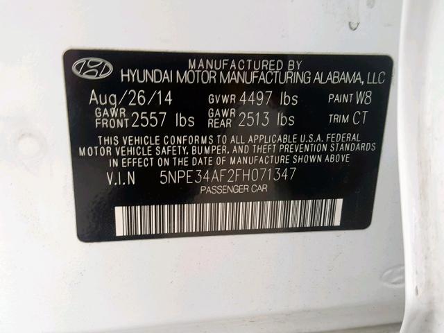 5NPE34AF2FH071347 - 2015 HYUNDAI SONATA SPO WHITE photo 10