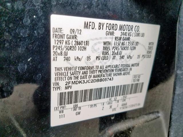 2FMDK3JC2DBB05743 - 2013 FORD EDGE SEL BLACK photo 10