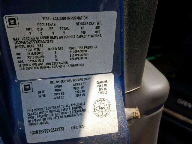 1G2NE52T9XC547373 - 1999 PONTIAC GRAND AM S BLUE photo 10