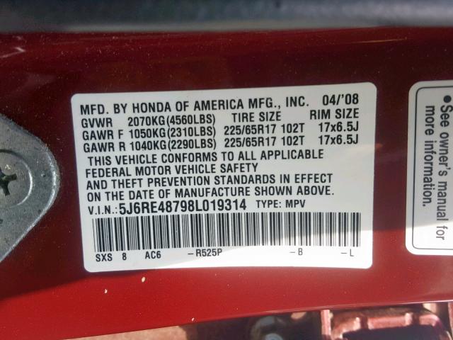 5J6RE48798L019314 - 2008 HONDA CR-V EXL RED photo 10