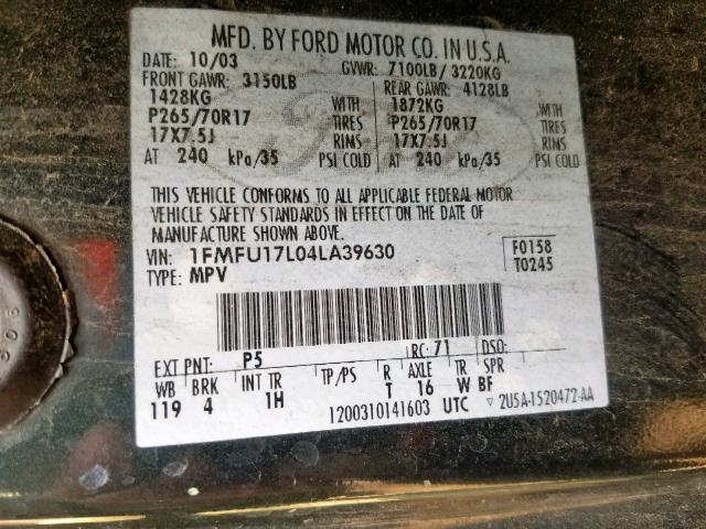 1FMFU17L04LA39630 - 2004 FORD EXPEDITION TEAL photo 10