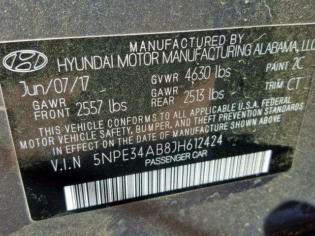 5NPE34AB8JH612424 - 2018 HYUNDAI SONATA SPO SILVER photo 10