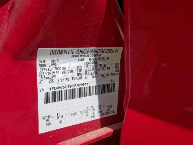 1FD0W5HT9CEA29641 - 2012 FORD F550 SUPER RED photo 10