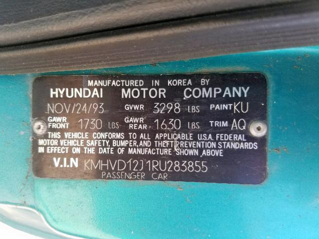 KMHVD12J1RU283855 - 1994 HYUNDAI EXCEL TEAL photo 10