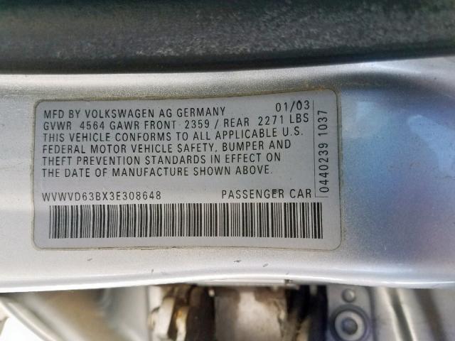 WVWVD63BX3E308648 - 2003 VOLKSWAGEN PASSAT GLS SILVER photo 10