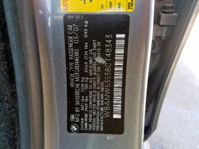 WBANW53538CT48343 - 2008 BMW 550 I GRAY photo 10