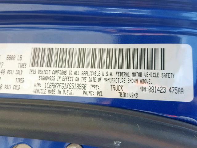 1C6RR7FG1KS518966 - 2019 RAM 1500 CLASS BLUE photo 10