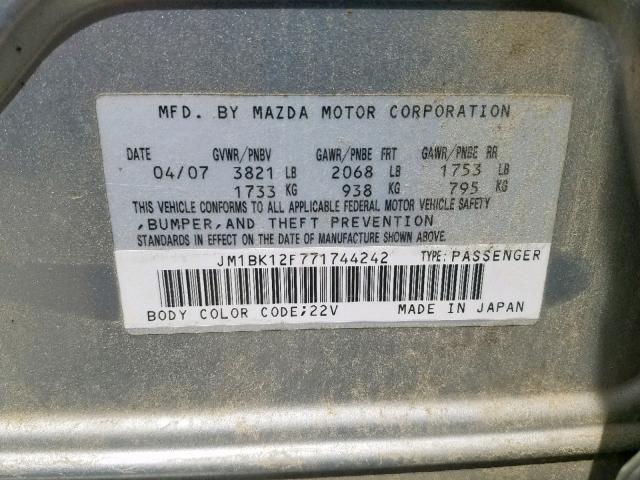 JM1BK12F771744242 - 2007 MAZDA 3 I GRAY photo 10