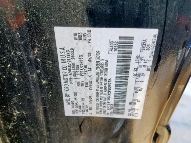 1FTYR10UX2PB09786 - 2002 FORD RANGER BLACK photo 10