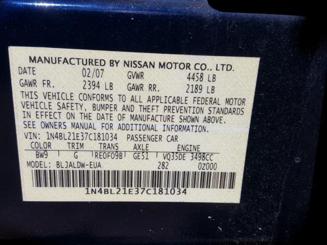 1N4BL21E37C181034 - 2007 NISSAN ALTIMA 3.5 BLUE photo 10