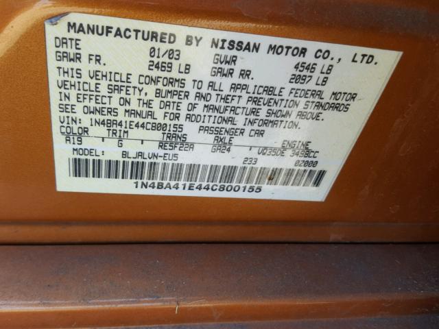 1N4BA41E44C800155 - 2004 NISSAN MAXIMA SE ORANGE photo 10