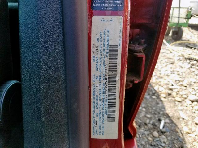 3VWRK69M94M058120 - 2004 VOLKSWAGEN JETTA GL RED photo 10