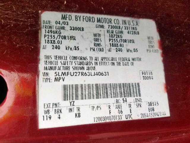 5LMFU27R63LJ40631 - 2003 LINCOLN NAVIGATOR RED photo 10