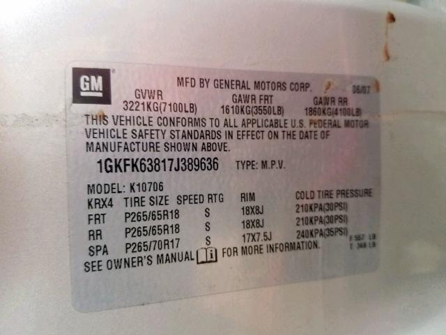 1GKFK63817J389636 - 2007 GMC YUKON DENA BEIGE photo 10