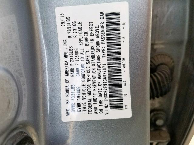 1HGCR2F97GA022071 - 2016 HONDA ACCORD EXL GRAY photo 10