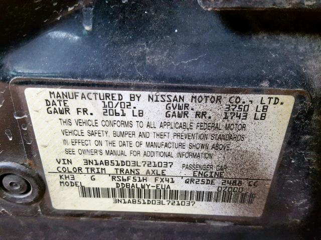 3N1AB51D03L721037 - 2003 NISSAN SENTRA SE- BLACK photo 10