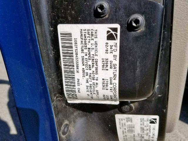 1G8ZF52842Z228016 - 2002 SATURN SL BLUE photo 10