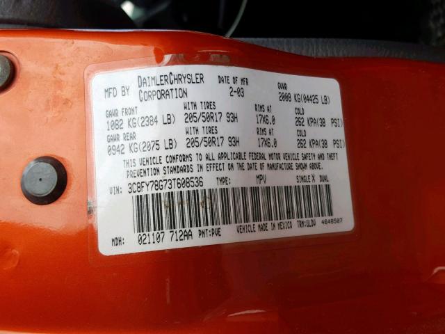 3C8FY78G73T608536 - 2003 CHRYSLER PT CRUISER ORANGE photo 10