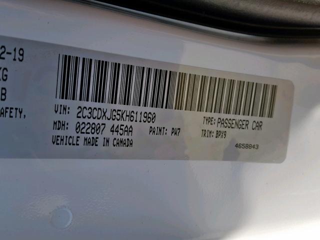 2C3CDXJG5KH611960 - 2019 DODGE CHARGER SX WHITE photo 10