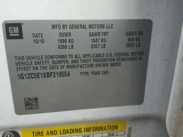 1G1ZC5E1XBF219554 - 2011 CHEVROLET MALIBU 1LT WHITE photo 10