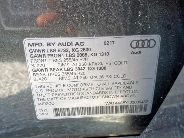 WA1A4AFY4J2008467 - 2018 AUDI SQ5 PREMIU GRAY photo 10