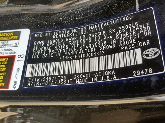 4T1BK1EB4DU001312 - 2013 TOYOTA AVALON BAS SILVER photo 10