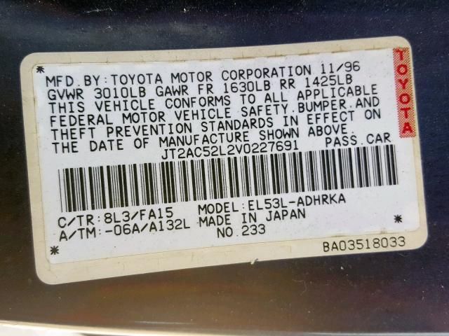 JT2AC52L2V0227691 - 1997 TOYOTA TERCEL CE BLUE photo 10