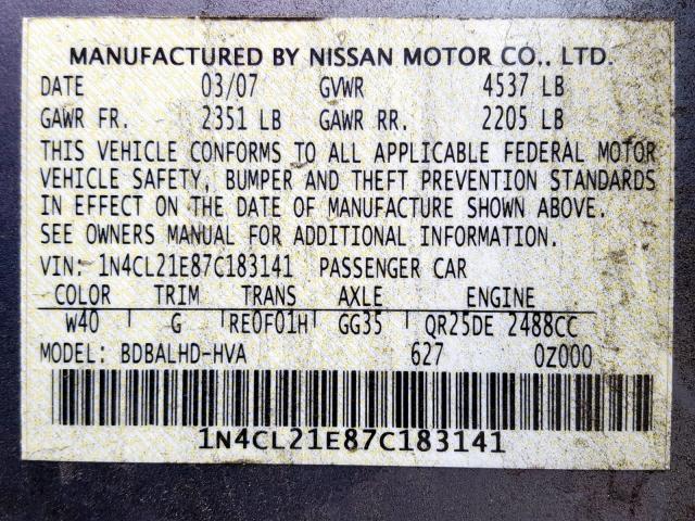 1N4CL21E87C183141 - 2007 NISSAN ALTIMA HYB GRAY photo 10