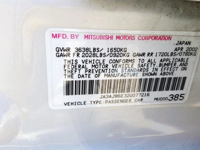 JA3AJ86E32U077216 - 2002 MITSUBISHI LANCER OZ WHITE photo 10