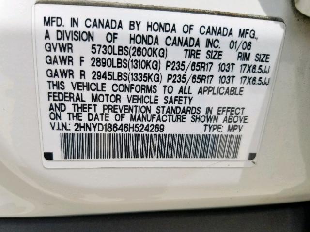 2HNYD18646H524269 - 2006 ACURA MDX TOURIN WHITE photo 10