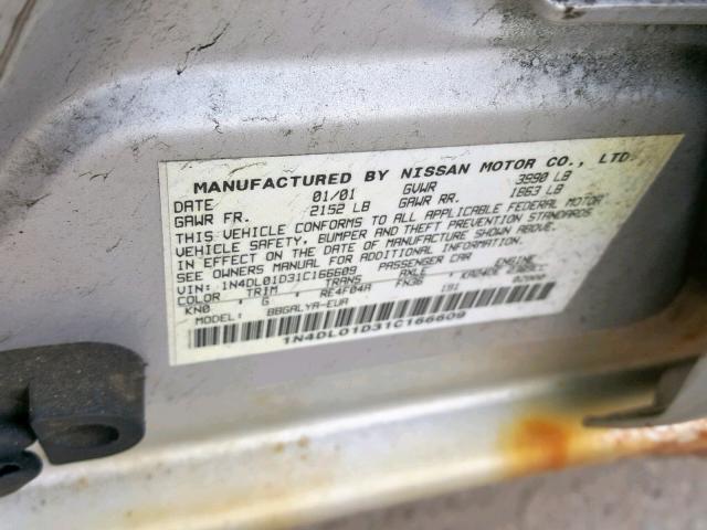 1N4DL01D31C166609 - 2001 NISSAN ALTIMA XE SILVER photo 10