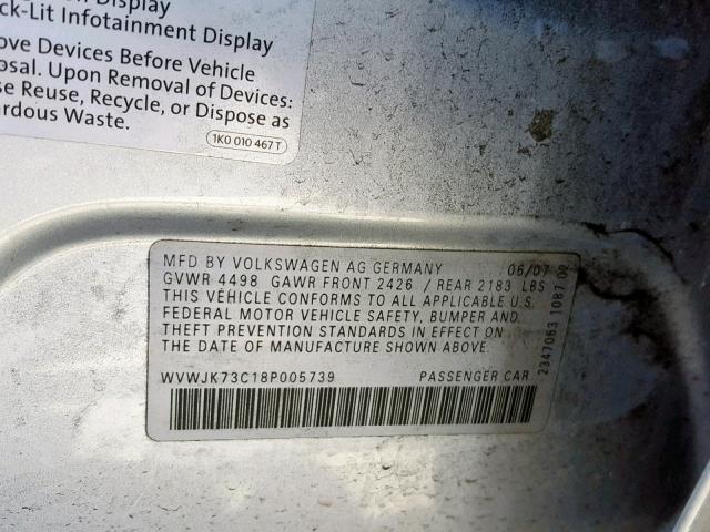 WVWJK73C18P005739 - 2008 VOLKSWAGEN PASSAT TUR SILVER photo 10