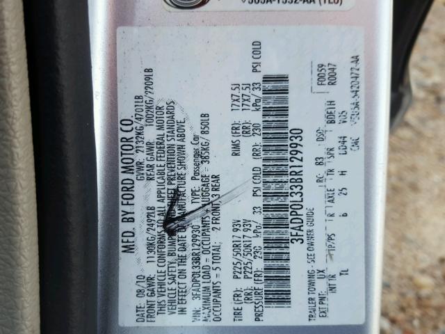 3FADP0L33BR129930 - 2011 FORD FUSION HYB SILVER photo 10