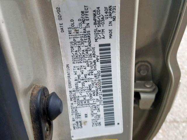 JTEHF21A820067920 - 2002 TOYOTA HIGHLANDER GOLD photo 10