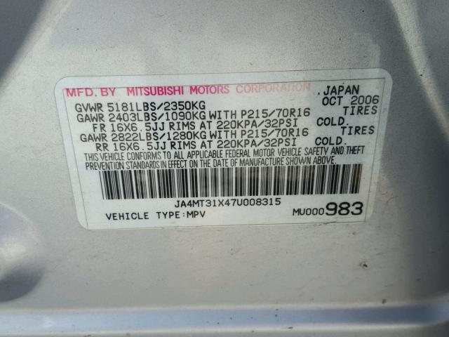 JA4MT31X47U008315 - 2007 MITSUBISHI OUTLANDER SILVER photo 10