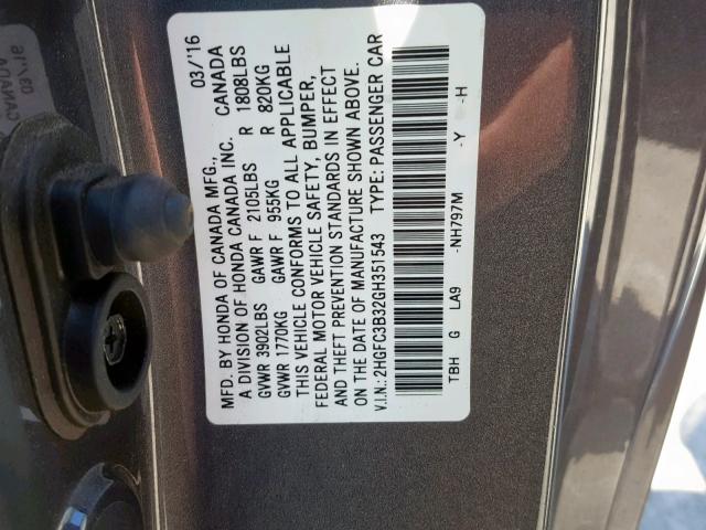 2HGFC3B32GH351543 - 2016 HONDA CIVIC EX GRAY photo 10