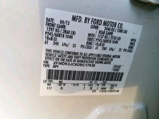 2FMDK3JC6DBC17638 - 2013 FORD EDGE SEL WHITE photo 10