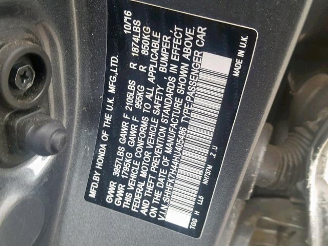 SHHFK7H44HU405486 - 2017 HONDA CIVIC SPOR GRAY photo 10