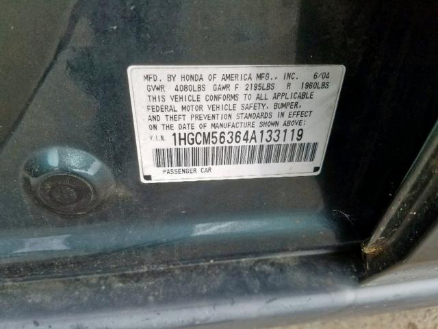 1HGCM56364A133119 - 2004 HONDA ACCORD LX GREEN photo 10