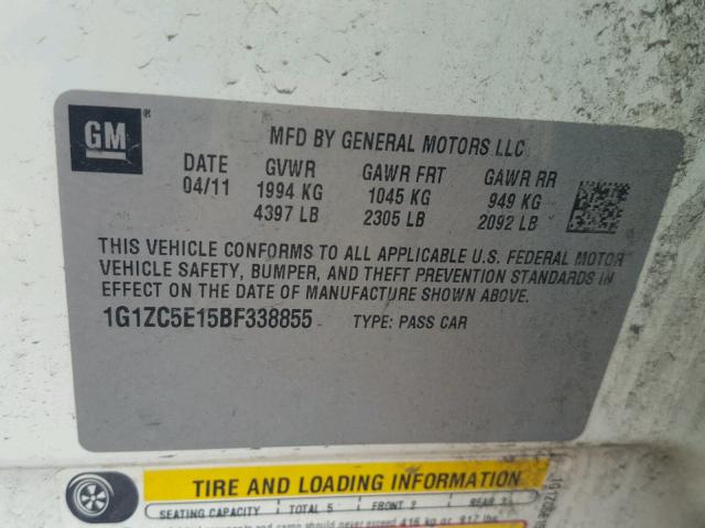 1G1ZC5E15BF338855 - 2011 CHEVROLET MALIBU 1LT WHITE photo 10